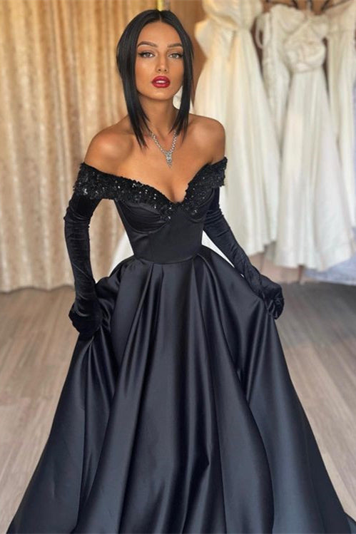 Black Prom Dress Off-The-Shoulder With Gloves Long A Line ED0626