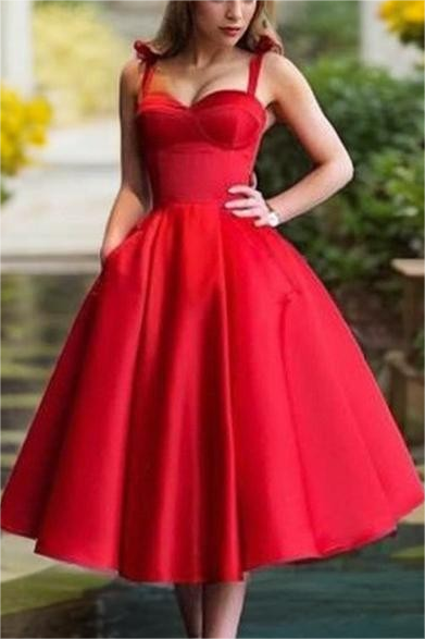 Red Satin Sweetheart Spaghetti Strap A Line Mid Homecoming Dress with Ruffles HC0037