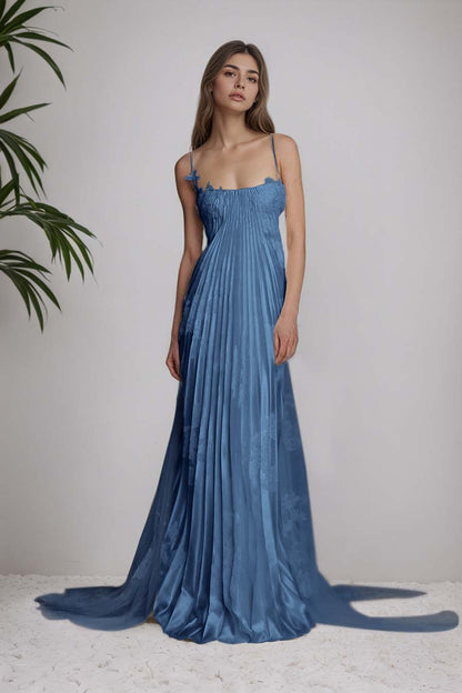 Stunning Spaghetti-Straps Pleated Sheath Appliques Prom Dress With Detachable Train XJ0176