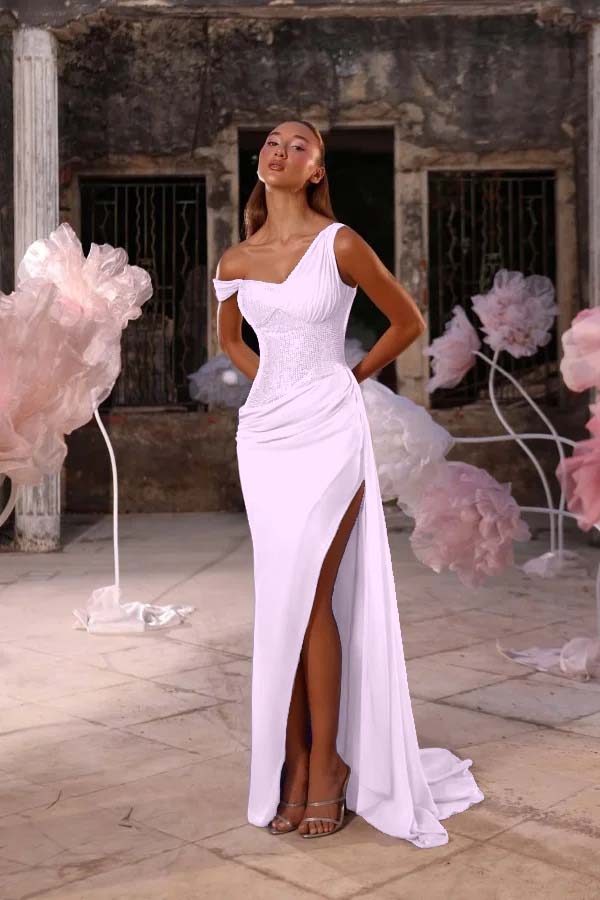 Sleeveless One Shoulder Long Split Prom Dress With Pleated Sequin JQ0247