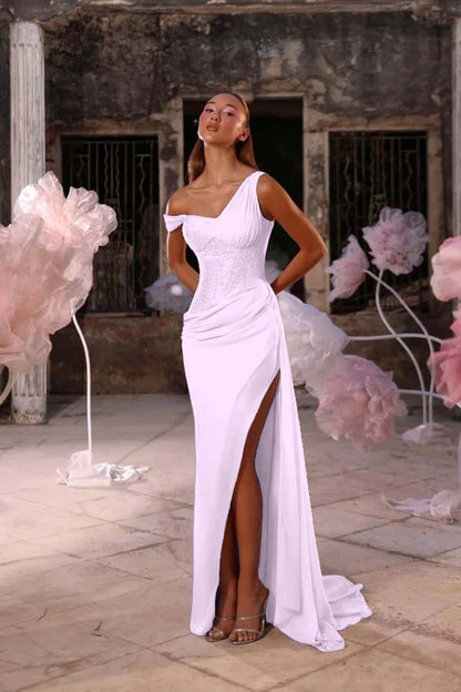 Sleeveless One Shoulder Long Split Prom Dress With Pleated Sequin JQ0247