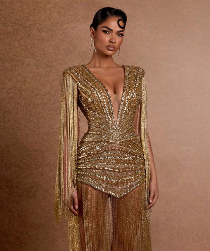 Glamorous Gold Deep V-Neck Fringe Sequins Mini Homecoming Dress YK0203