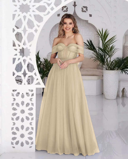 Hellodresses Tulle Off the Shoulder Sweetheart Sleeveless Royal Blue Prom Dress