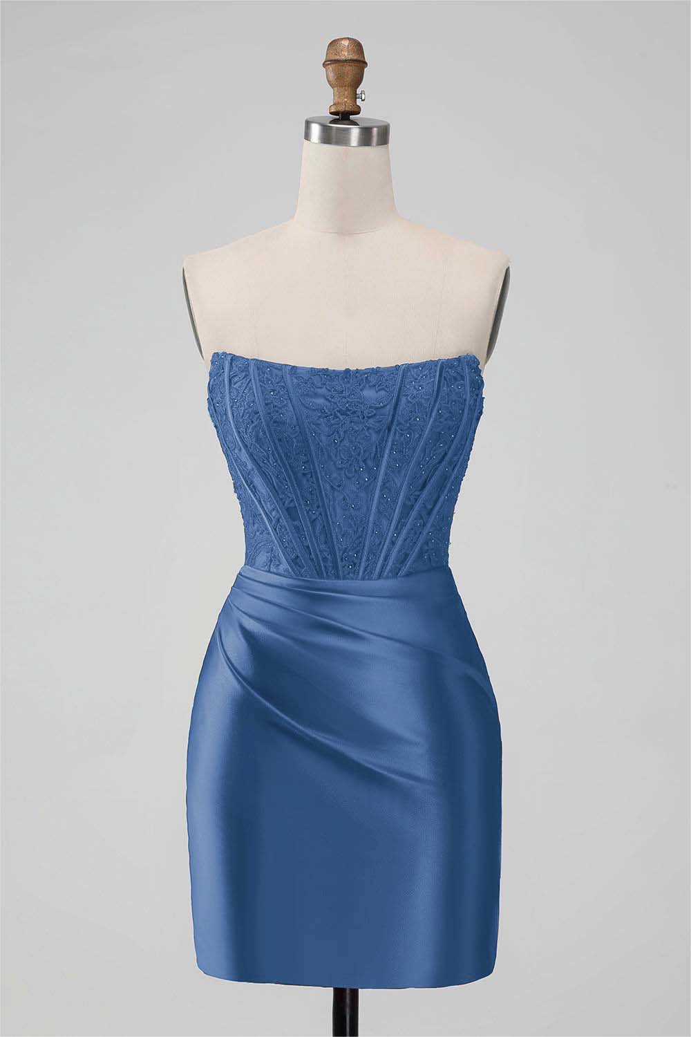 Red Satin Strapless Sleeveless Pleated Short Homecoming Dress with Embroidery HC0005