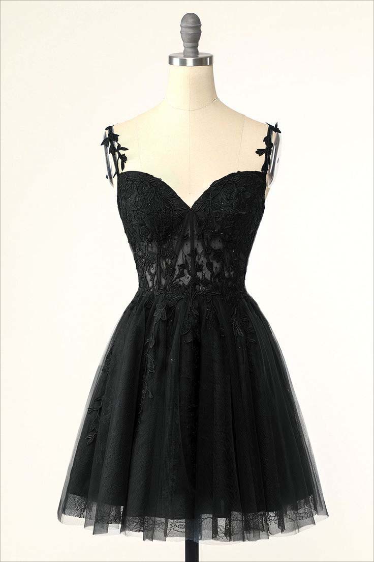 Dark Navy Tulle Sweetheart Spaghetti Strap Sleeveless Homecoming Dress With Embroidery HC0020