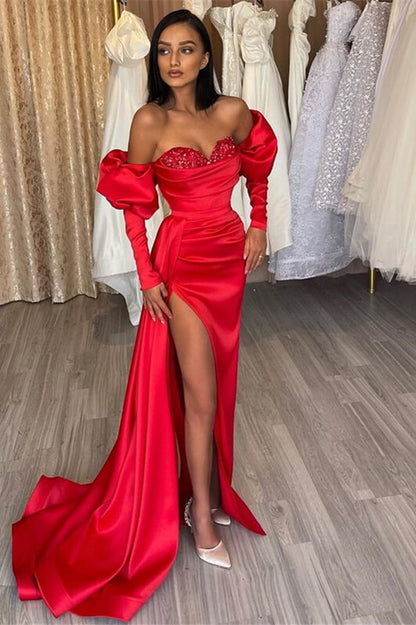 Charming Red Mermaid Off The Shoulder Slit Prom Dress With Sweetheart Long Sleeves | Zelldresses