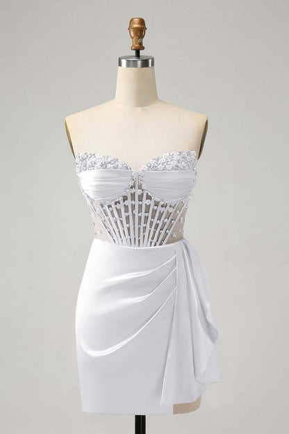 Strapless Sleeveless Pleated Short Homecoming Dress With Beading HC0131