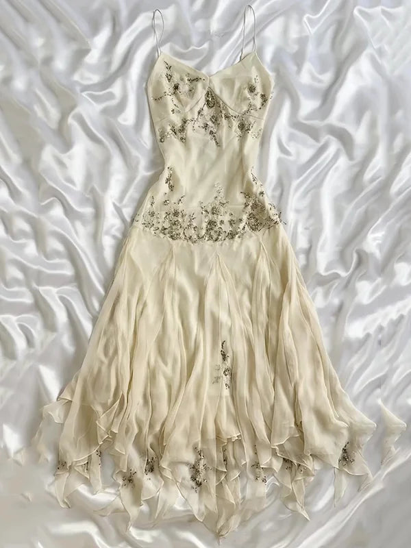 Elegant A Line Spaghetti Strap Beaded Ivory Chiffon Party Dress Evening Dress SH2847