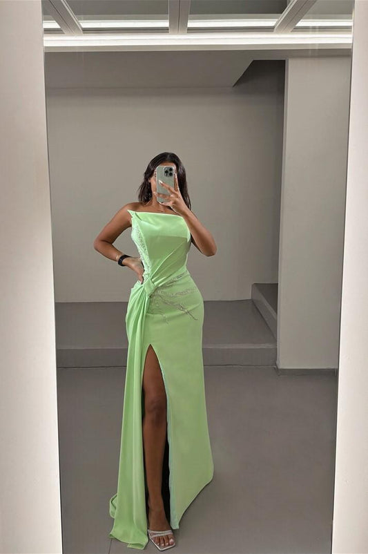 Charming Bright Sage Satin Sleeveless Strapless Long Split Prom Dress with Beadings | Zelldresses