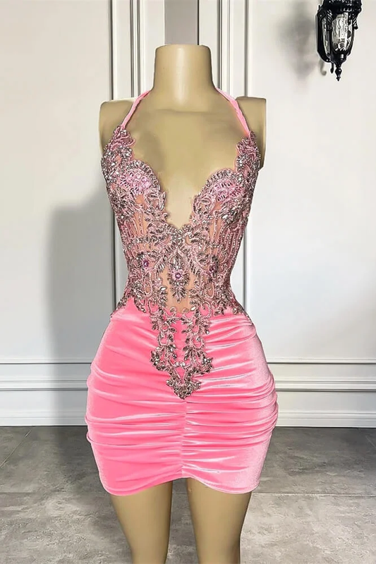 Hellodresses Pink Halter Sleeveless V Neck Pleated Short Homecoming Dress With Appliques
