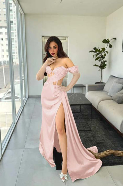 Beautiful Green Satin Off the Shoulder Strapless Long Split Prom Dress with Applique | Zelldresses