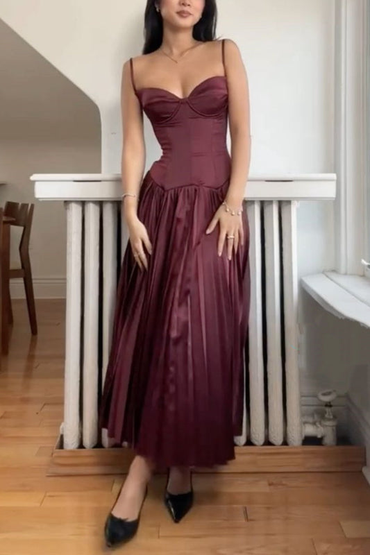 zelldressess-Satin spaghetti strap tight mid-length prom dress bridesmaid dress gh5774