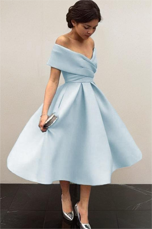 Sky Blue Satin V Neck Off the Shoulder Sleeveless A Line Homecoming Dress HC0043