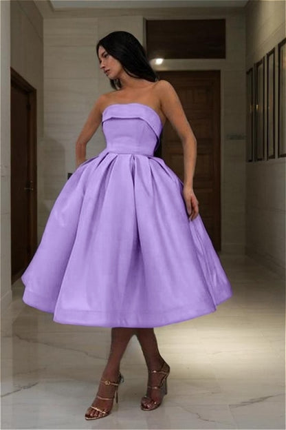 Charming Satin Strapless Sleeveless A Line Short Homecoming Dress with Pleated