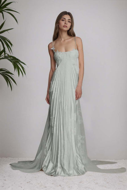 Stunning Spaghetti-Straps Pleated Sheath Appliques Prom Dress With Detachable Train XJ0176
