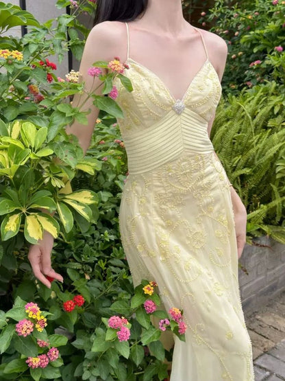Elegant Mermaid Spaghetti Straps Yellow Chiffon Long Prom Dresses Evening Dress SH2838