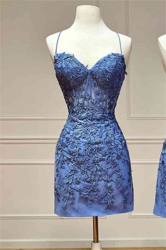 Hellodresses Royal Blue Spaghetti Strap Sleeveless Short Homecoming Dress With Embroidery