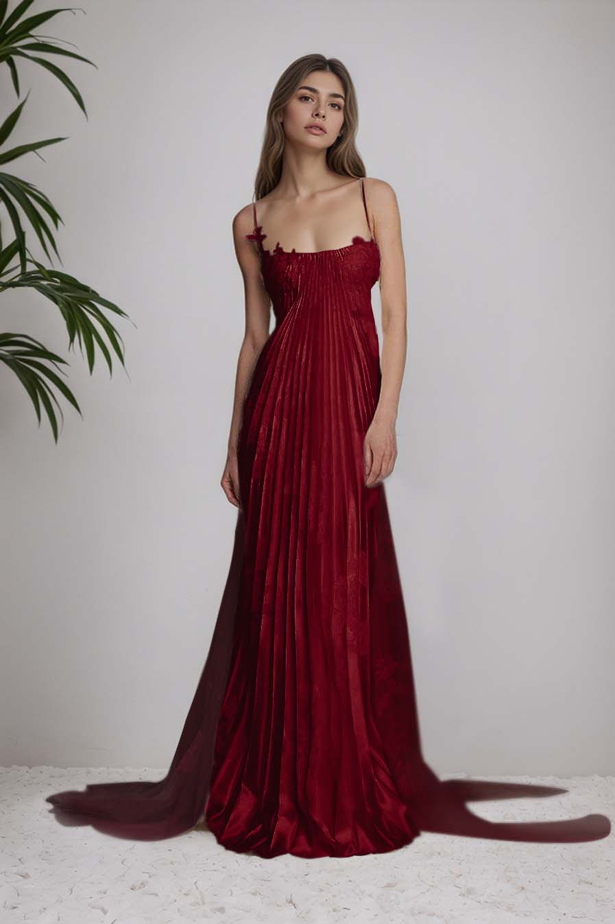 Stunning Spaghetti-Straps Pleated Sheath Appliques Prom Dress With Detachable Train XJ0176