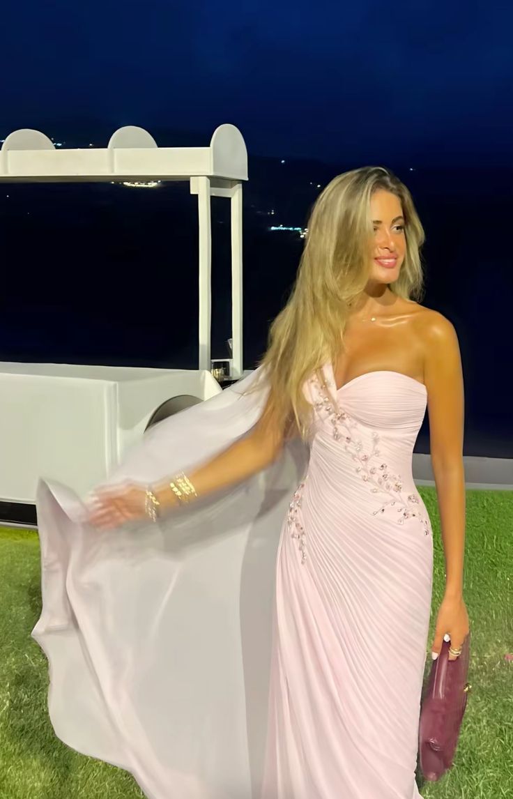 Light Pink Sheath One Shoulder Pleated Beaded Chiffon Prom Dress Wedding Guest Dress SH4699