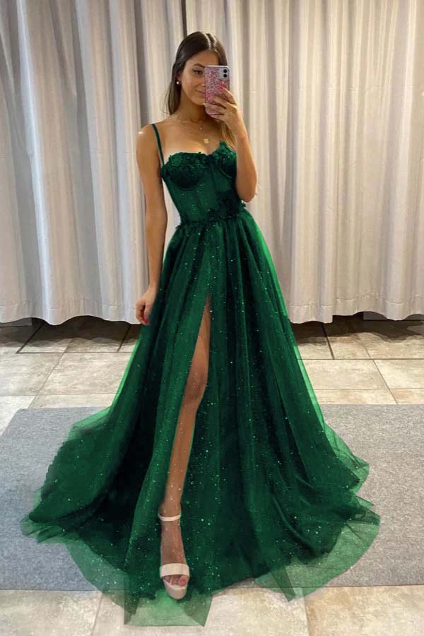 Spaghetti Strap Sleeveless Long Split Prom Dress With Sequins YC0151