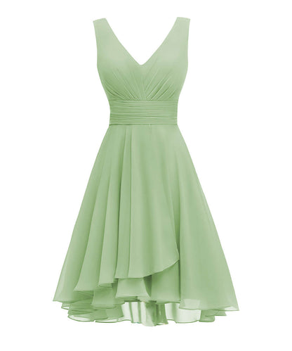 Simple Dusk Chiffon V Neck Sleeveless High Waist Pleated Short Bridesmaid Dress RO047