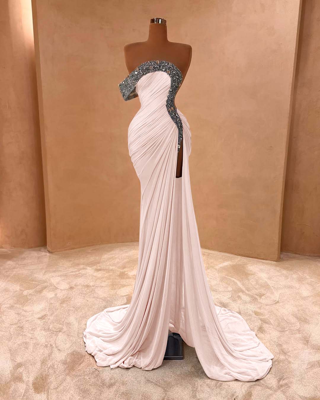 One Shoulder Sleeveless Long Split Prom Dress With Pleated Sequins ZC0079