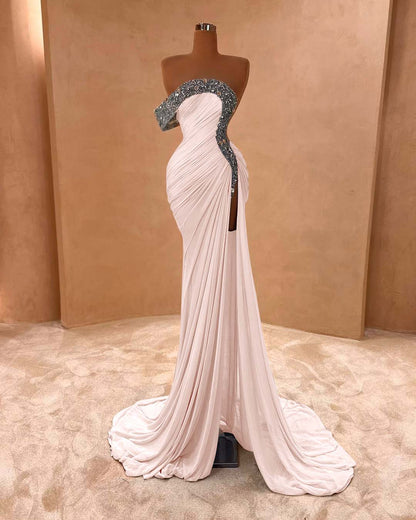 One Shoulder Sleeveless Long Split Prom Dress With Pleated Sequins ZC0079