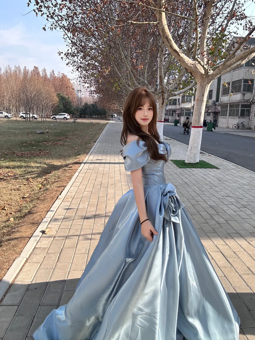 Blue A Line Off the Shoulder Flower Satin Long Party Dress Birthday Dress SH2908