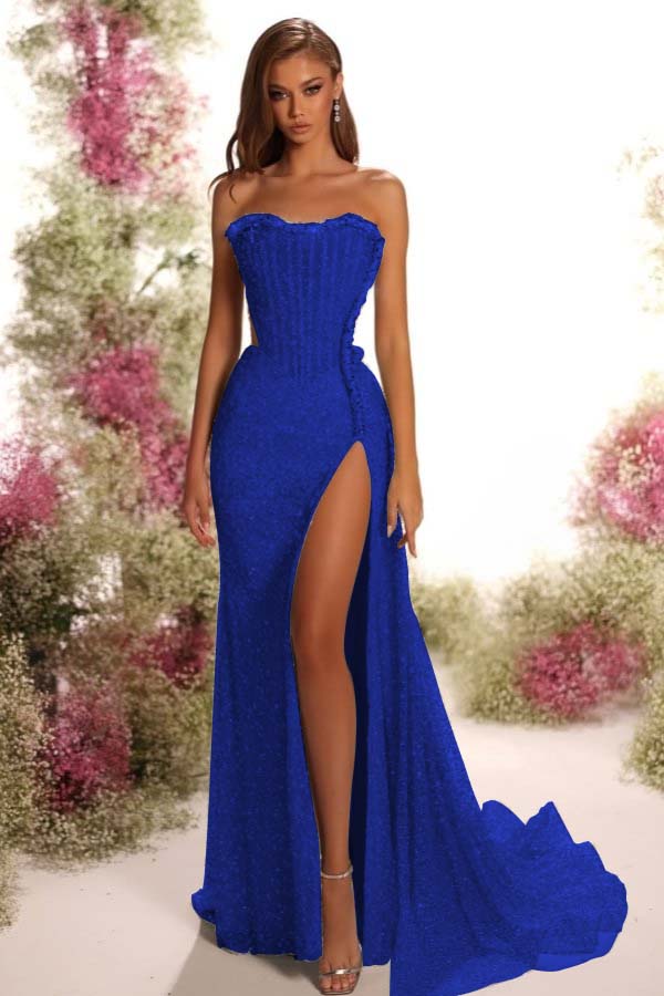 Strapless Sleeveless Long Split Prom Dress With Pleated Sequins ZT0541