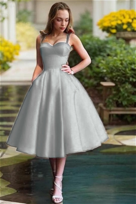 Red Satin Sweetheart Spaghetti Strap A Line Mid Homecoming Dress with Ruffles HC0037