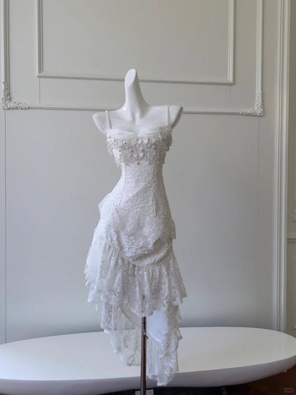 Vintage Gorgeous White Irregular Strap Pearl Lace Prom Dress Evening Dress Bridesmaid Dress P4058