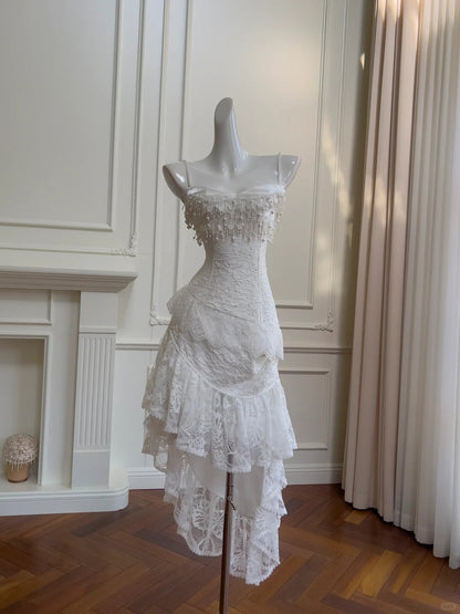 Vintage Gorgeous White Irregular Strap Pearl Lace Prom Dress Evening Dress Bridesmaid Dress P4058