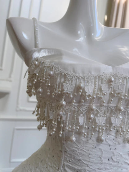 Vintage Gorgeous White Irregular Strap Pearl Lace Prom Dress Evening Dress Bridesmaid Dress P4058