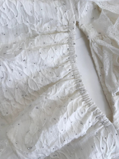 Vintage Gorgeous White Irregular Strap Pearl Lace Prom Dress Evening Dress Bridesmaid Dress P4058