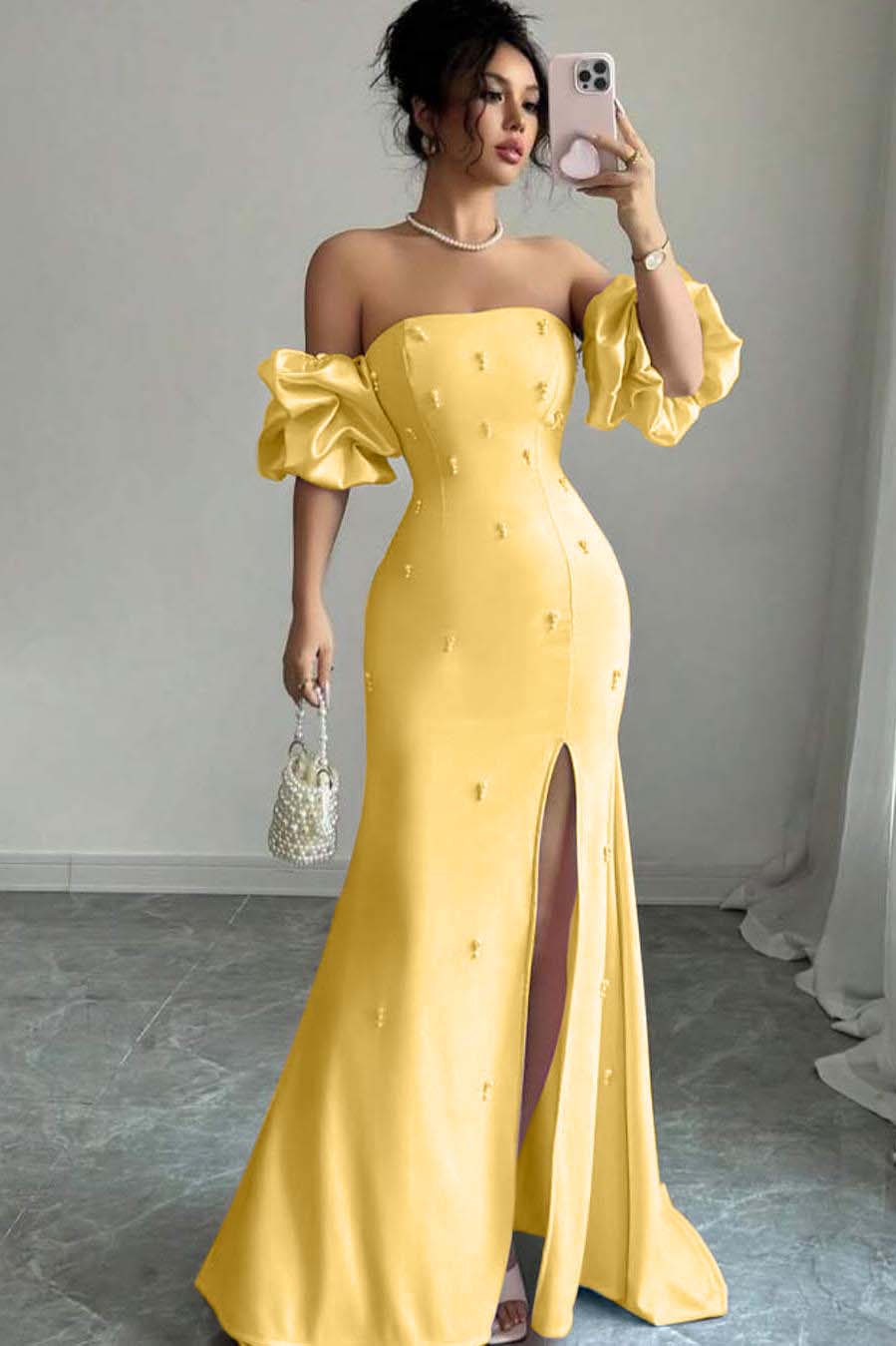 Chic Pink Strapless Bubble Sleeves Beaded Split Prom Dress with Pearl | Zelldresses