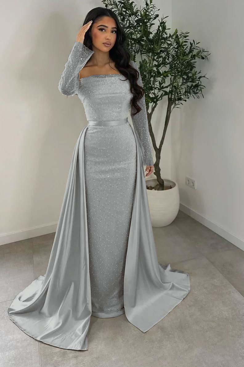 Long Sleeves Square Neck Long Mermaid Prom Dress With Beading HS0005