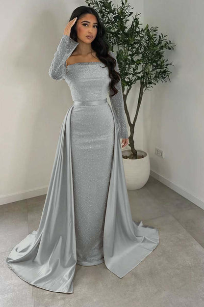 Long Sleeves Square Neck Long Mermaid Prom Dress With Beading HS0005