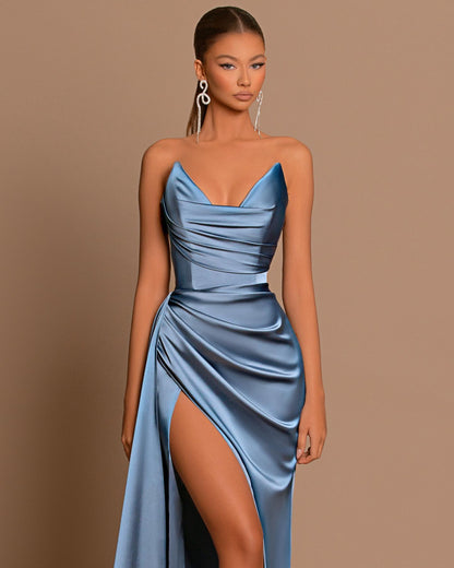Elegant Dusty Blue Prom Dress Long V Neck Dress With Slit Pleated YL0021