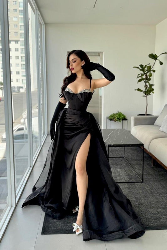 Charming Black Satin Halter Sleeveless Sweetheart Beaded Split Prom Dress with Gloves | Zelldresses