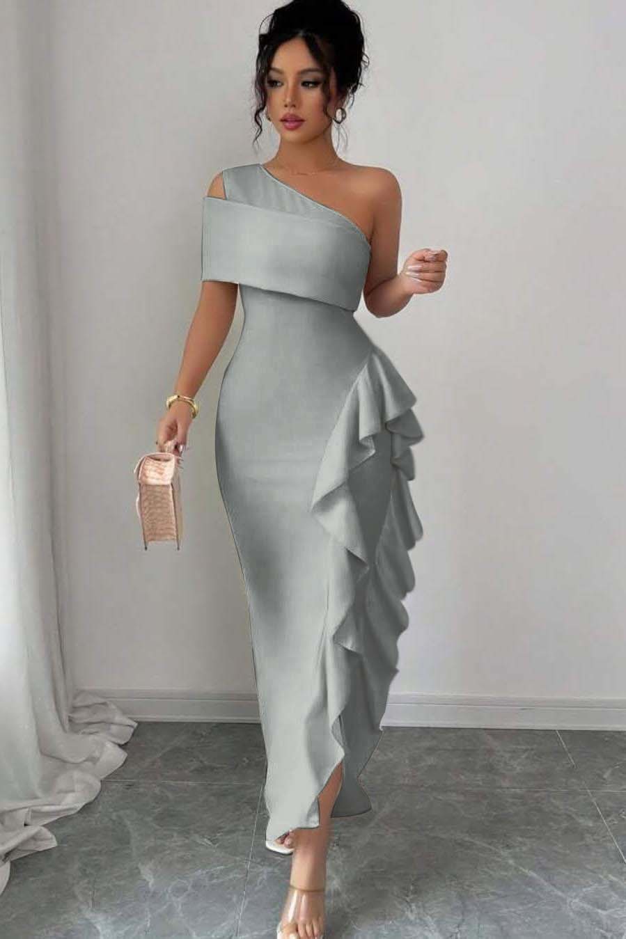 One Shoulder Sleeveless Long Split Prom Dress With Pleated Ruffles XJ0748