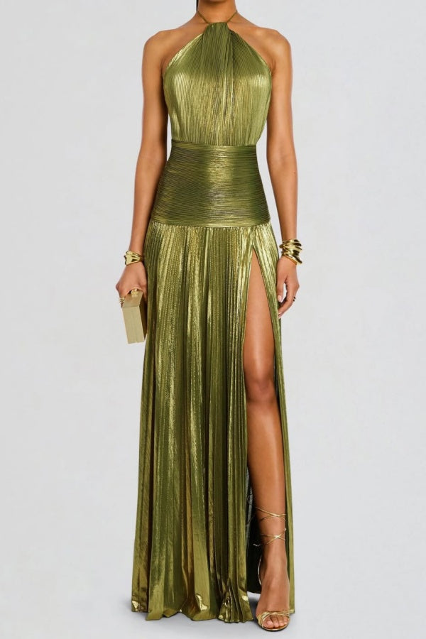 Charming Green Halter Sleeveless Backless Split Prom Dress with Pleated | Zelldresses