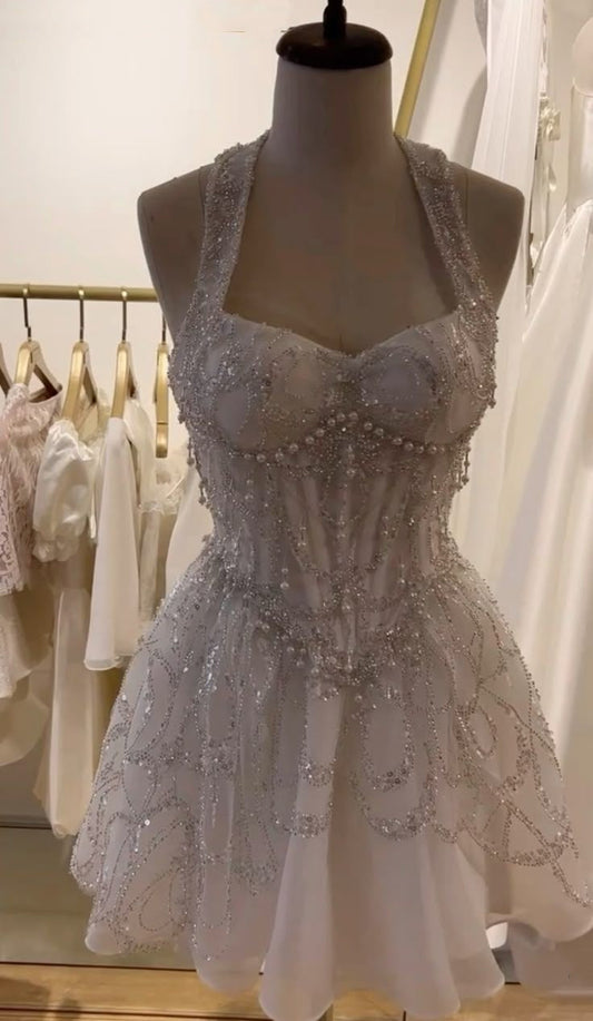 zelldressess-White gorgeous beaded short tulle homecoming dress birthday party dress gh5327