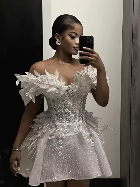 Vintage Pearls Beaded Floral Short Cocktail Dress Birthday Dress White Off The Shoulder Homecoming Dress S688