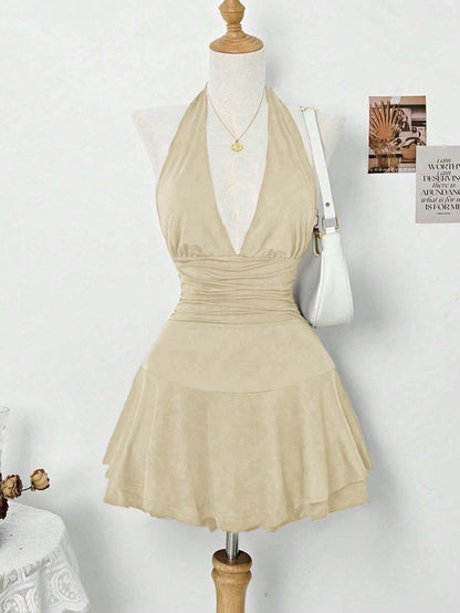 Halter Deep V Neck Sleeveless Short Homecoming Dress With Pleated HC0167