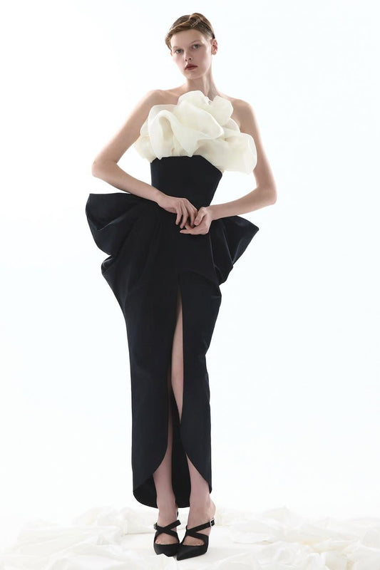 Chic Black and White Strapless Sleeveless Split Prom Dress with Bow | Zelldresses