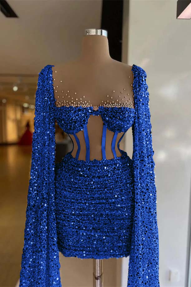 Hellodresses Sequins Square Long Sleeves Pleated Short Homecoming Dress With Beadings