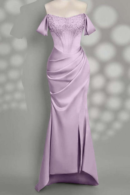 Charming Taupe Satin Off the Shoulder Strapless Long Split Prom Dress with Beadings | Zelldresses