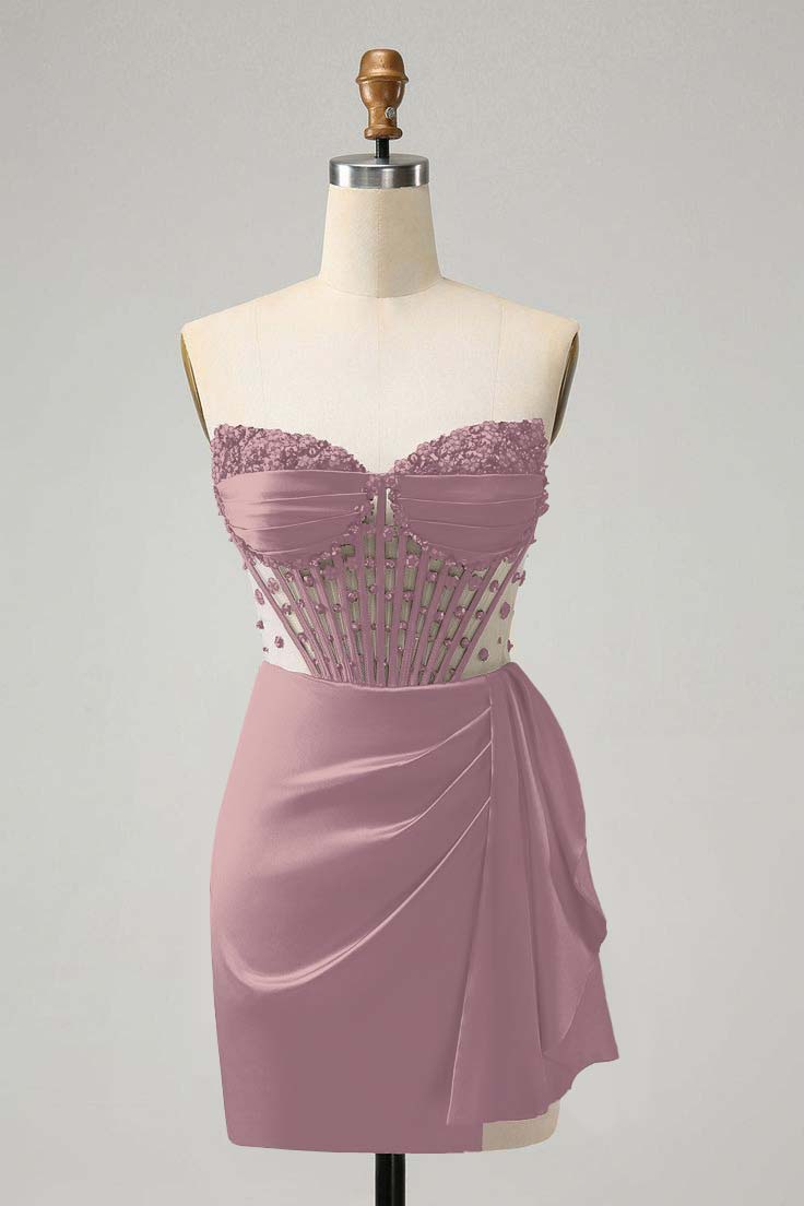 Strapless Sleeveless Pleated Short Homecoming Dress With Beading HC0131