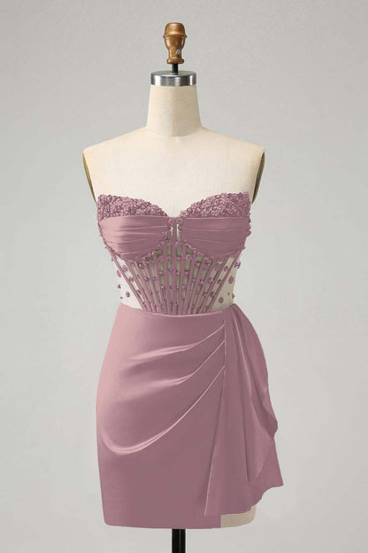 Strapless Sleeveless Pleated Short Homecoming Dress With Beading HC0131