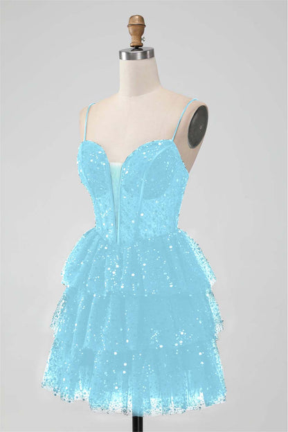 Black Sequins Spaghetti Strap Sleeveless Short Homecoming Dress With Ruffles HC0017